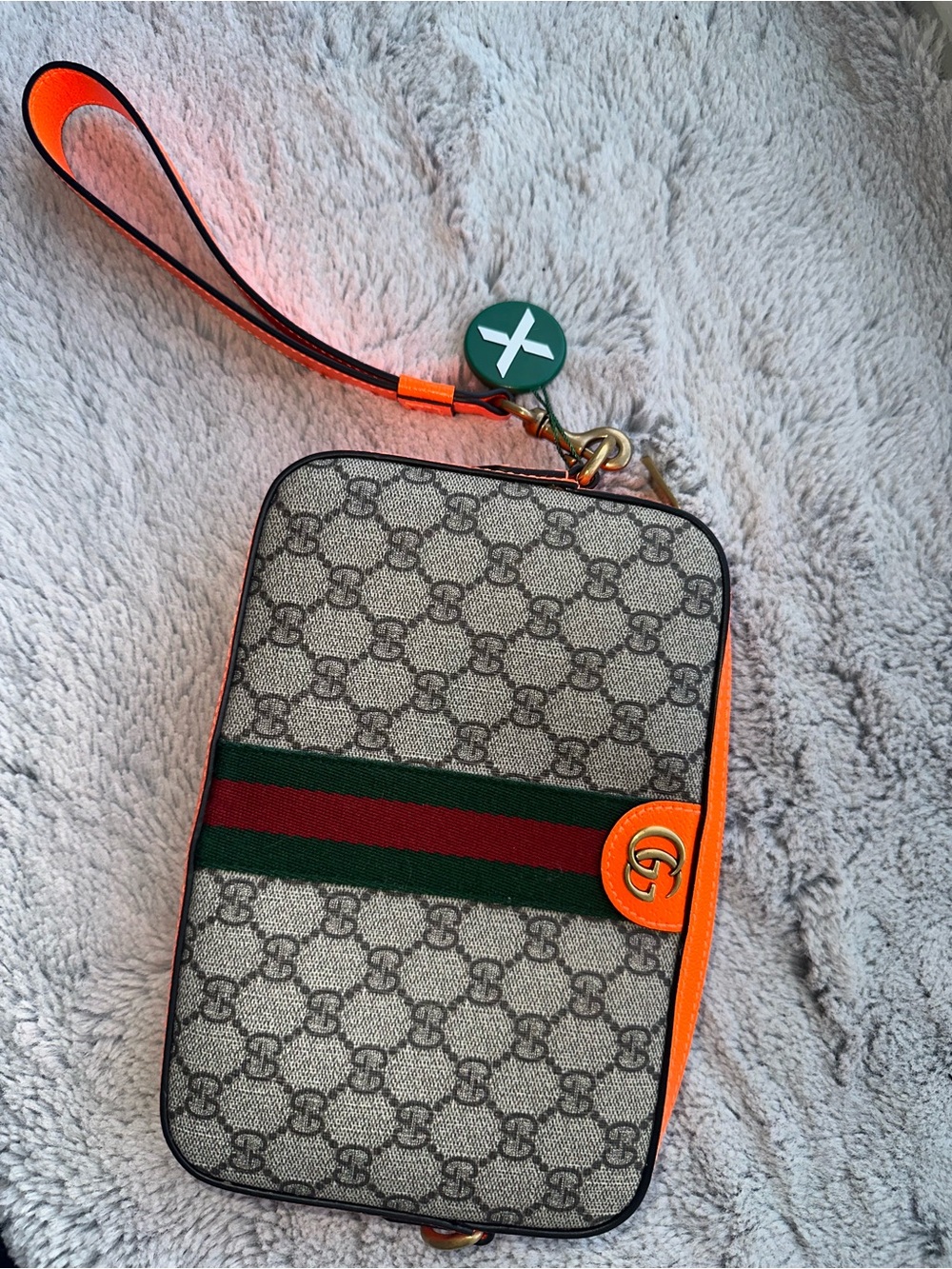 Gucci GG Supreme Canvas Wristlet Pouch w/ Neon Orange Trim & Web Stripe (Unisex)